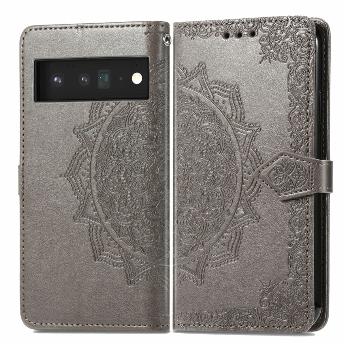 Graue Handyhülle mit Mandala-Design, geöffnet, um ein Telefon zu zeigen.