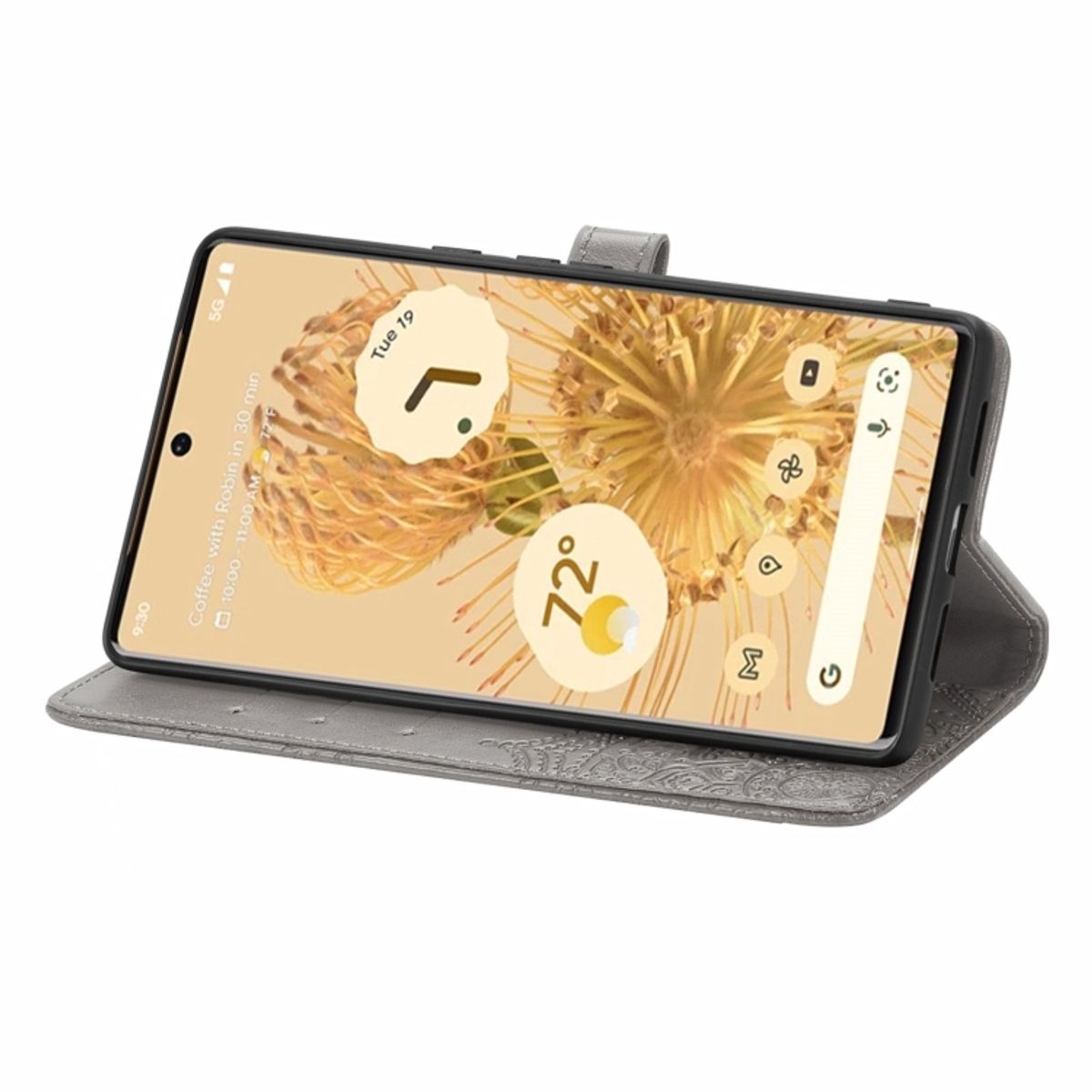 Graues Handy-Case mit Handy, das Wetter und Uhrzeit anzeigt.
