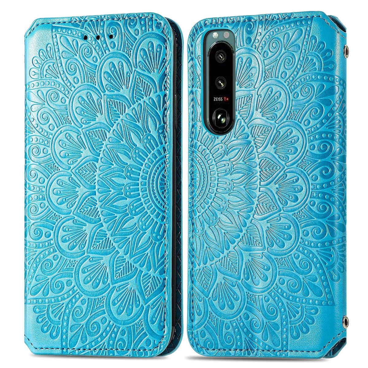 Blaue Handyhülle, offen. Detaillierte Mandala-Muster innen. Telefon ist innen.