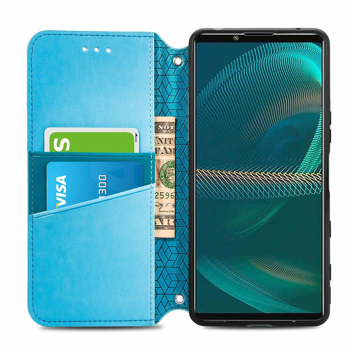 Blaue Handyhülle, offen, mit Kartenfächern und Bargeld. Telefonbildschirm sichtbar. Blaues und geometrisches Muster innen.
