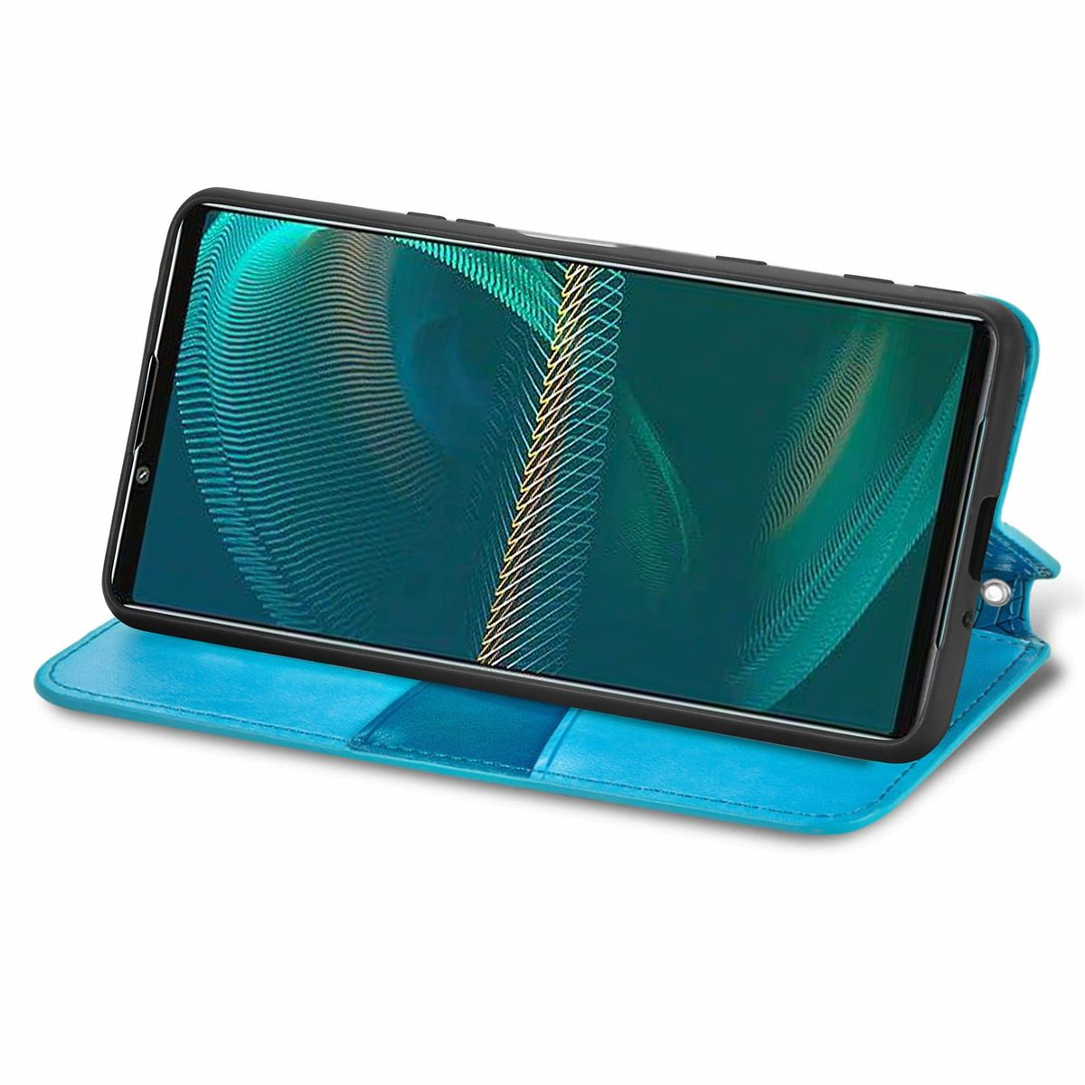 Blaue Handyhülle mit einem Telefon darin. Das Telefon ist aufgestellt.