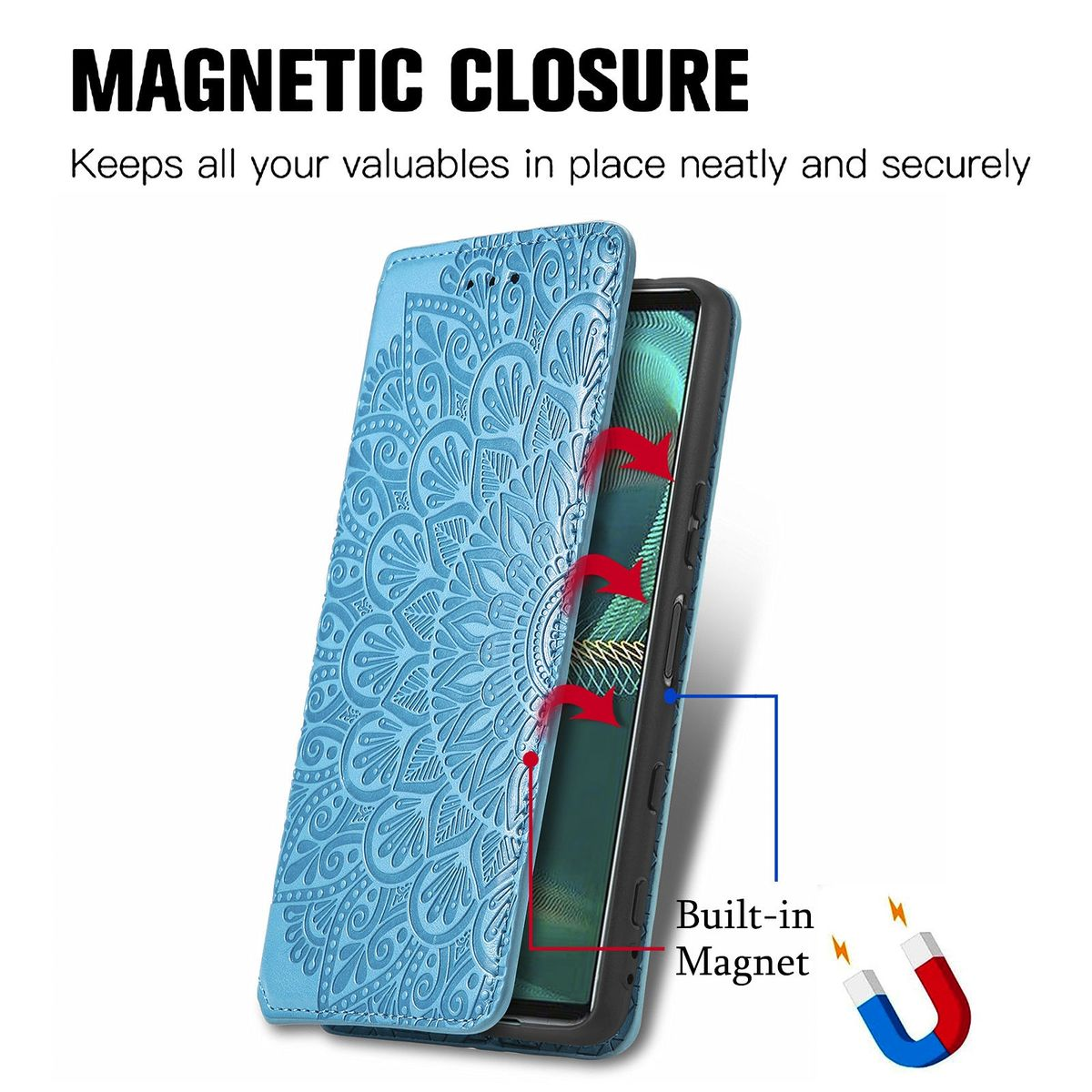Blaue Handyhülle mit Mandala-Design. Text: Magnetverschluss mit Magnet-Symbol.