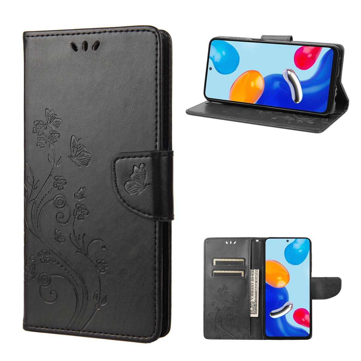 Schwarze Handyhülle mit Schmetterlingsdesign. Telefon in und aus der Hülle. Karten und Geld.