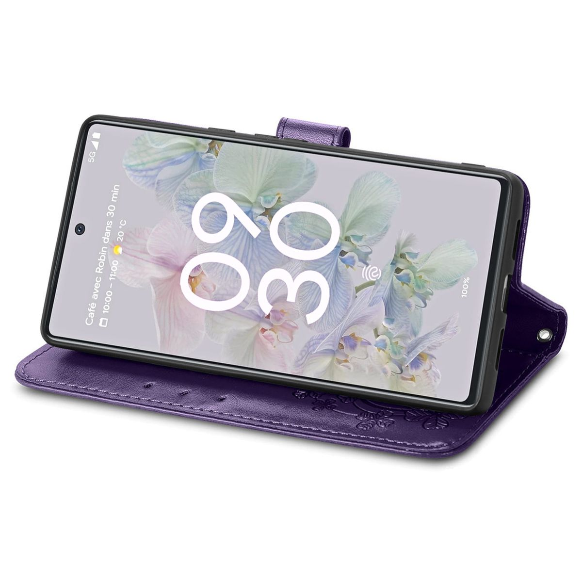 Lila Handyhülle, geöffnet, um ein Telefon zu zeigen. Das Telefon zeigt die Uhrzeit und das Datum an.