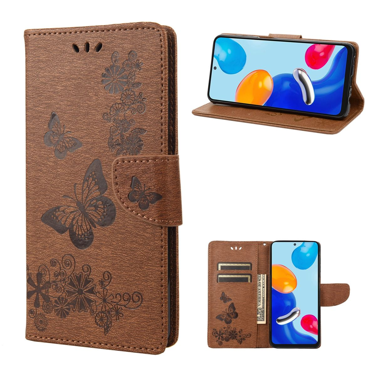 Braune Handyhülle mit Schmetterlingsdesign. Telefon ist drinnen und auf dem Display. Zusätzliche Ansichten.