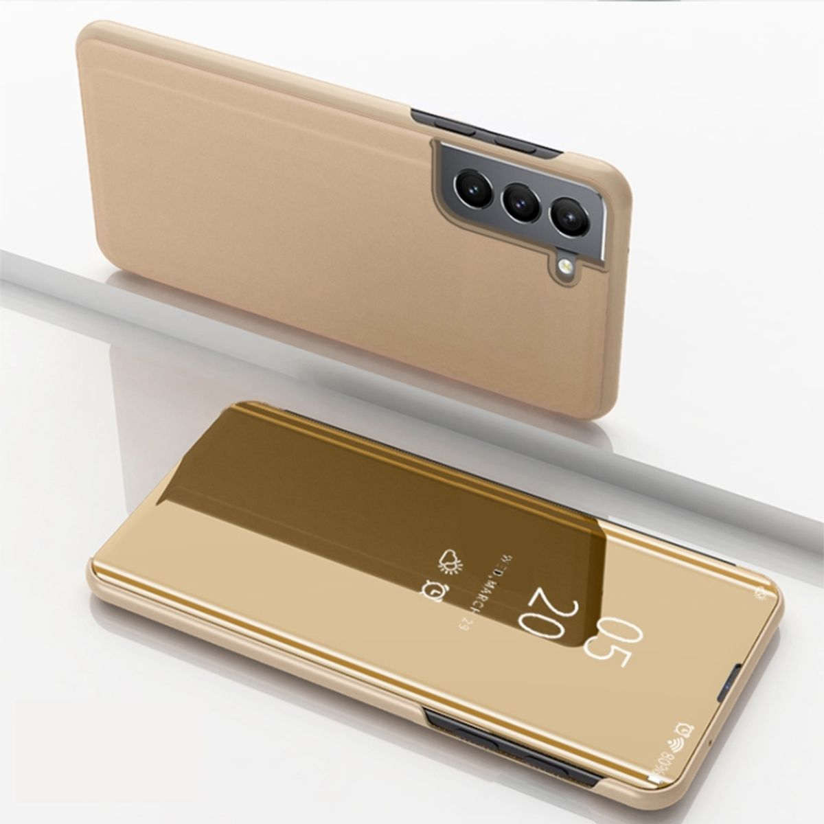 Goldene Handyhülle mit reflektierender Oberfläche. Das Telefon ist darin. Der Hintergrund ist eine reflektierende Oberfläche.