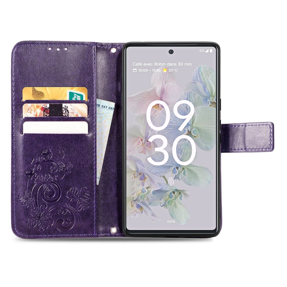 Lila Handyhülle mit Telefon, Karten und Geld, geöffnet auf weißem Untergrund.