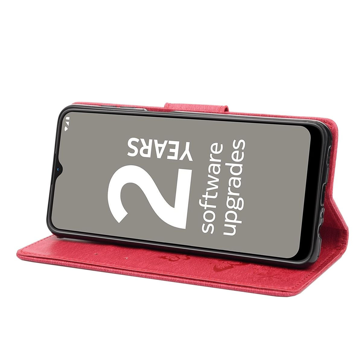 Rote Handyhülle mit Telefon, das Software-Upgrade-Informationen für 2 Jahre anzeigt.