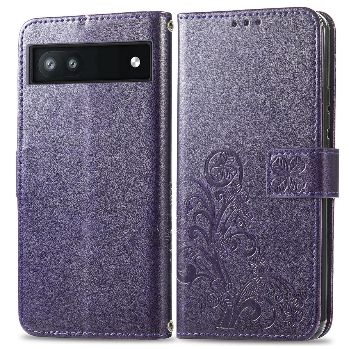 Lila Handyhülle offen mit Telefon, Blumendesign, Frontkamera.