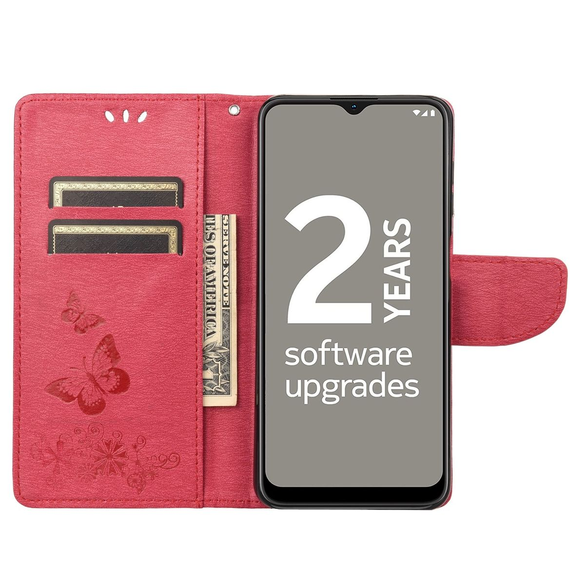Rote Handyhülle geöffnet, ein Telefon zeigend. Das Telefon hat '2 Jahre Software-Upgrades' auf dem Bildschirm.