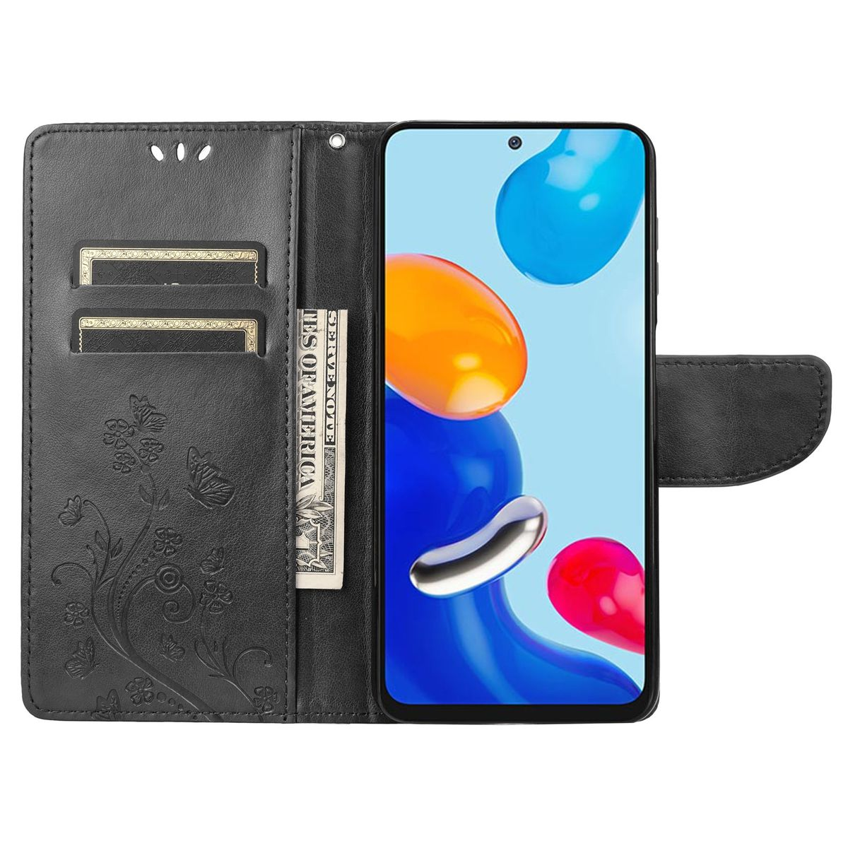 Schwarze Handyhülle mit floralem Design, geöffnet, um Telefon, Karten und Geld zu zeigen.