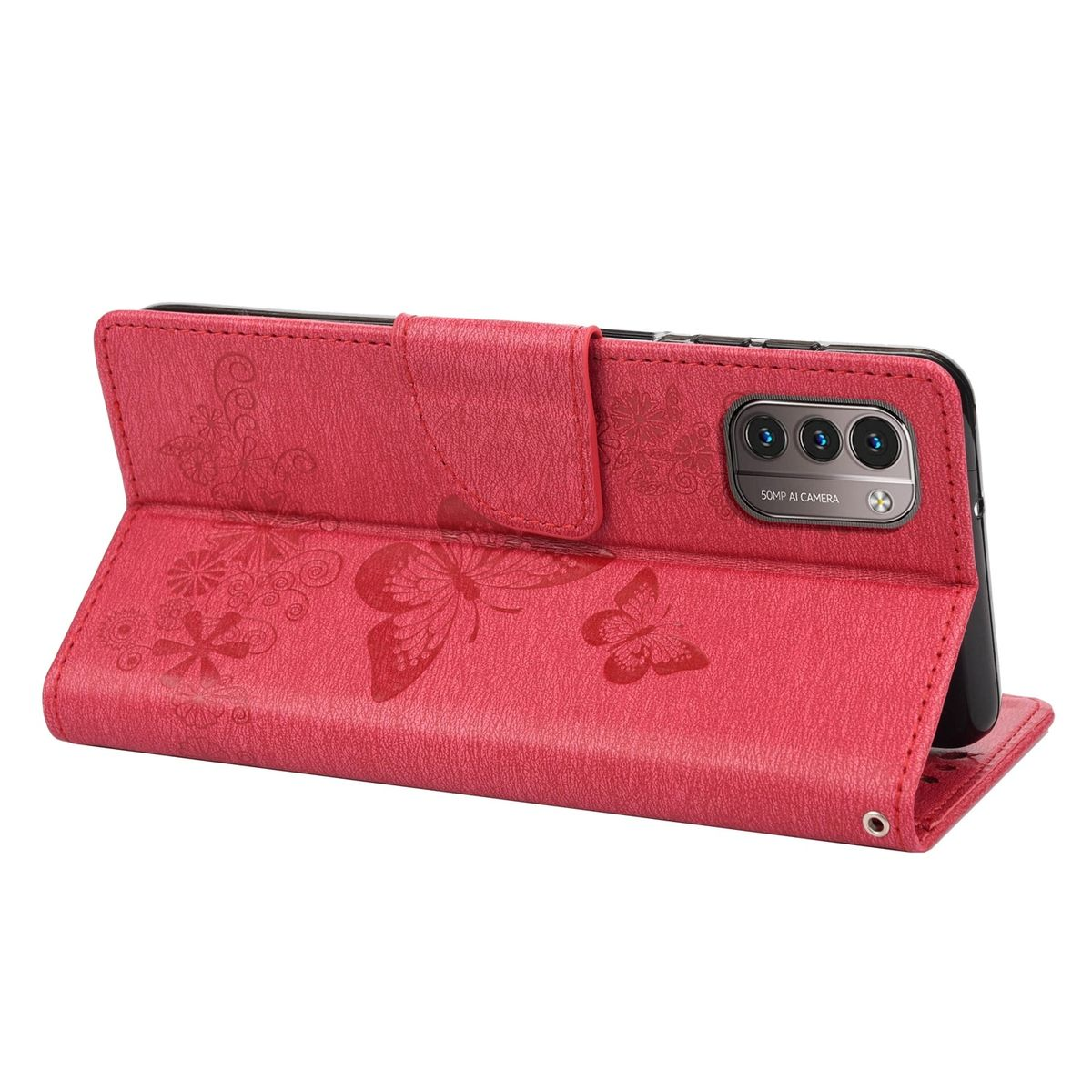 Rote Handyhülle mit Schmetterlingsdesign, offen. Telefon im Etui.