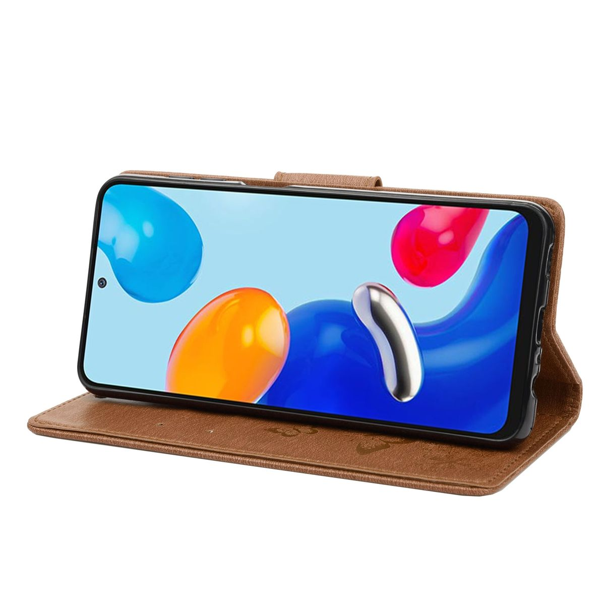 Telefon in brauner Leder-Brieftaschentasche, Bildschirm mit bunten Formen.