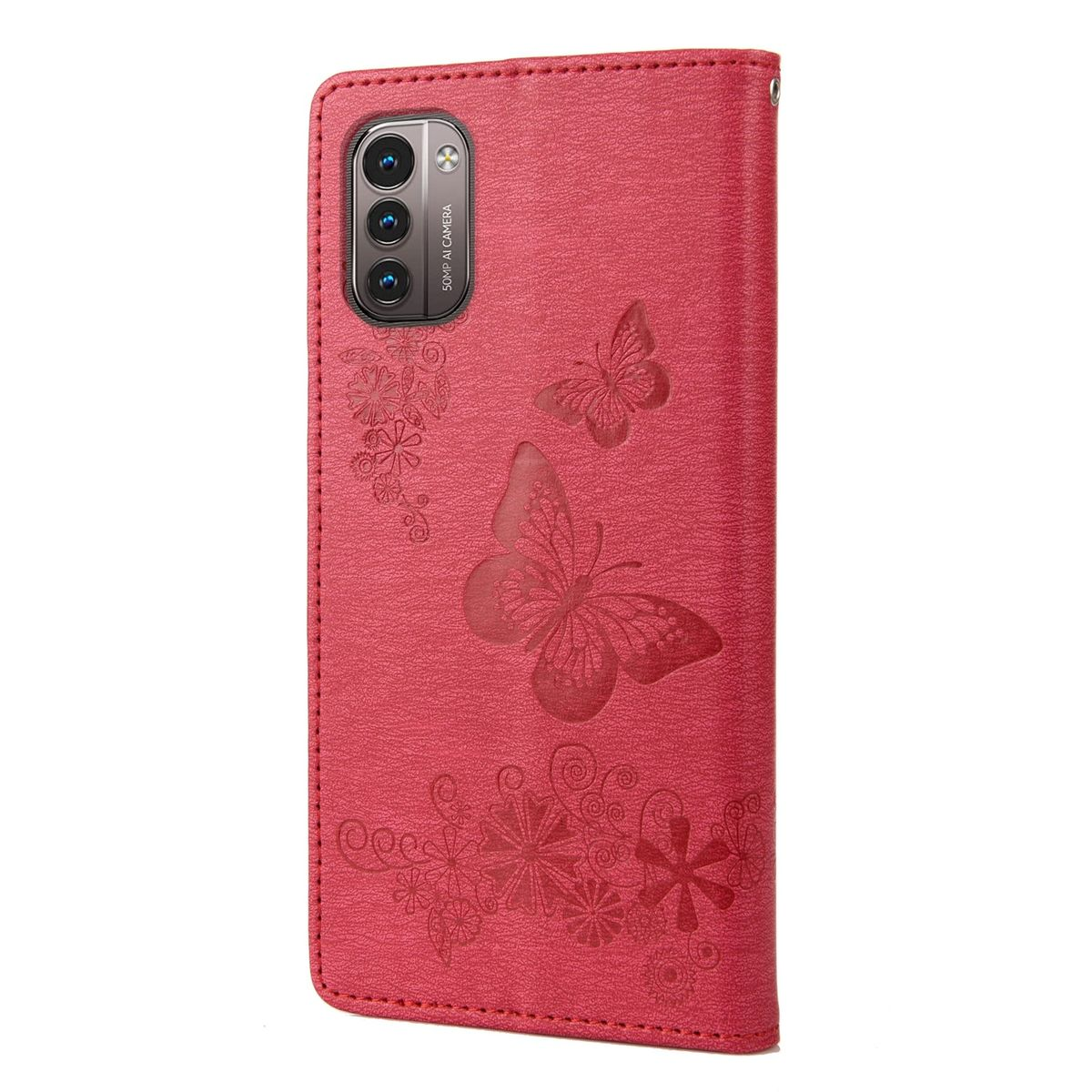 Rote Handyhülle mit Schmetterlingsdesign. Kamera oben. Weißer Hintergrund.