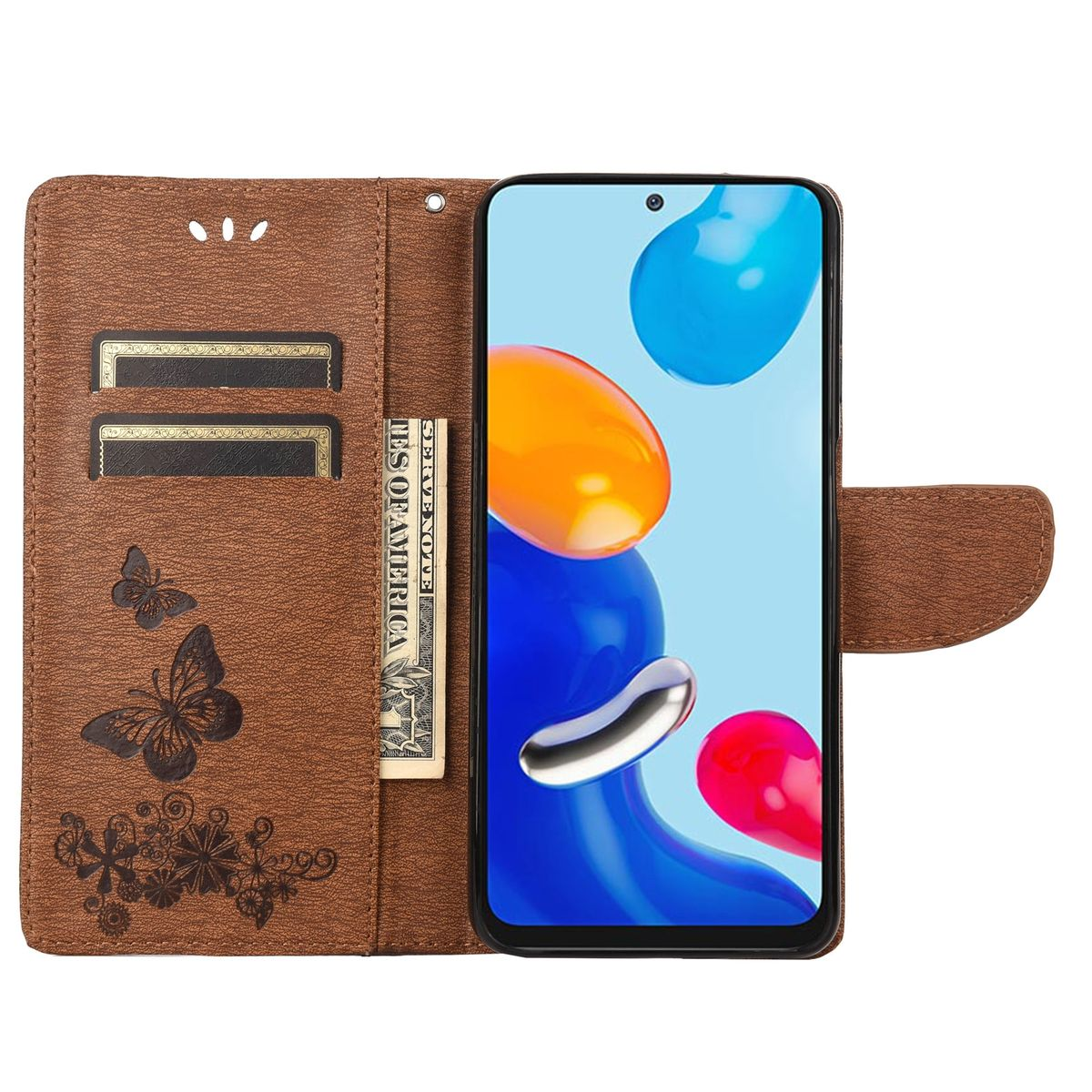 Braune Handyhülle mit Kartenfächern, einer Geldtasche und einem Schmetterlingsdesign. Das Telefon ist an.