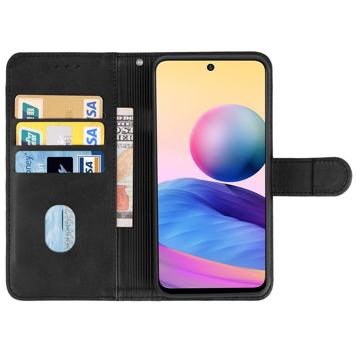 Schwarze Handyhülle offen, Telefon innen, Karten sichtbar.