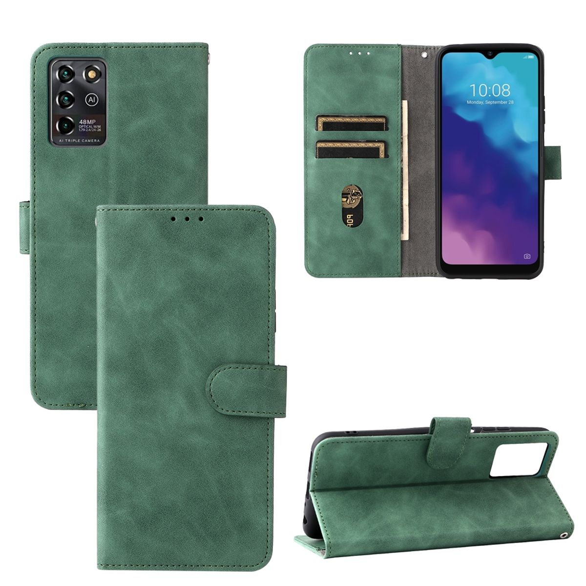 Grüne Handyhülle mit einem schwarzen Telefon, Karten und Telefonanzeige. Das Telefon zeigt die Uhrzeit an. Weißer Hintergrund.