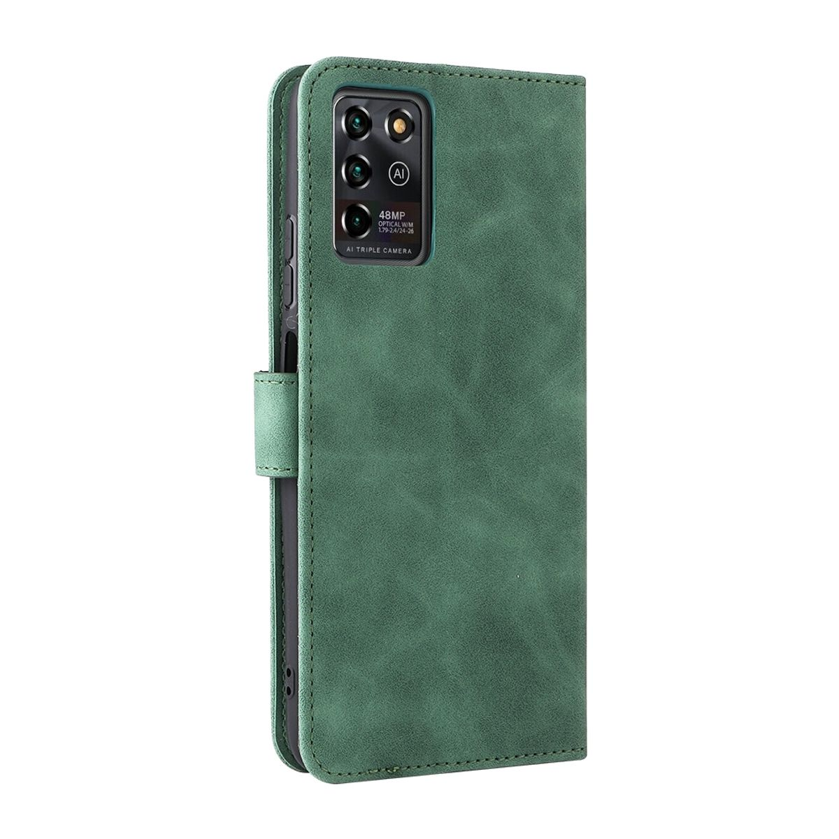 Grüne Handyhülle mit drei Kameras. Die Hülle ist geschlossen, mit dem Telefon darin.