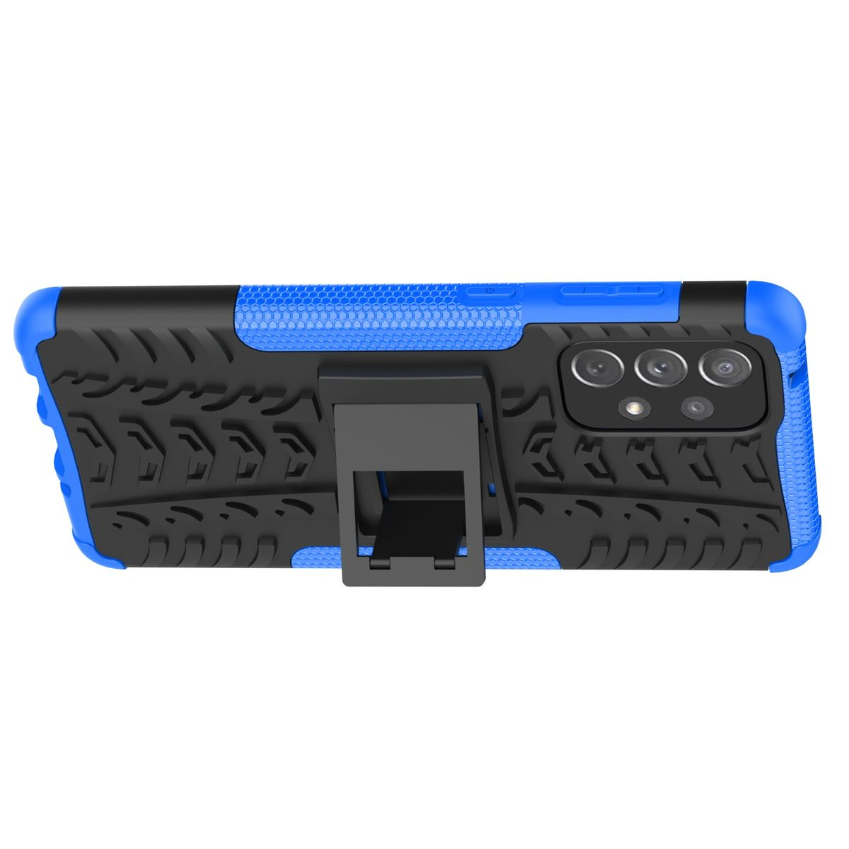 Schwarze Handyhülle mit Ständer und strukturiertem Design, blauen Akzenten und einem Kamerabereich.
