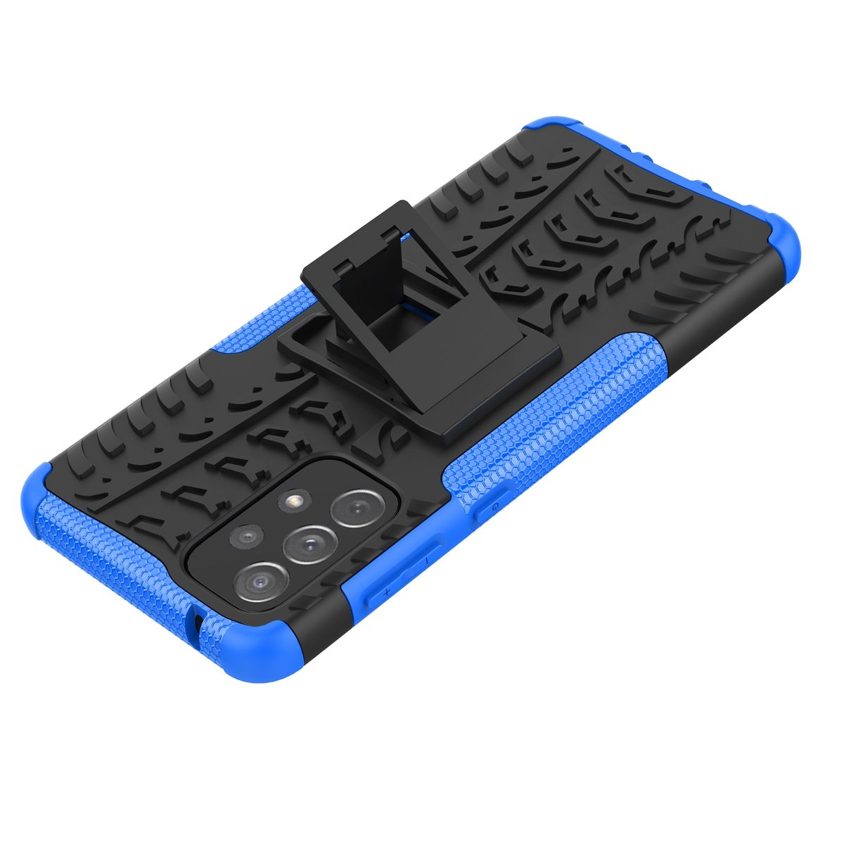 Schwarz-blaue Handyhülle mit Ständer. Telefon innen, Kamera sichtbar.