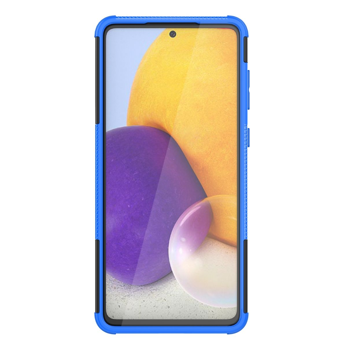 Blau-schwarze Handyhülle. Der Telefonbildschirm zeigt gelbe und violette Farben. Weißer Hintergrund.