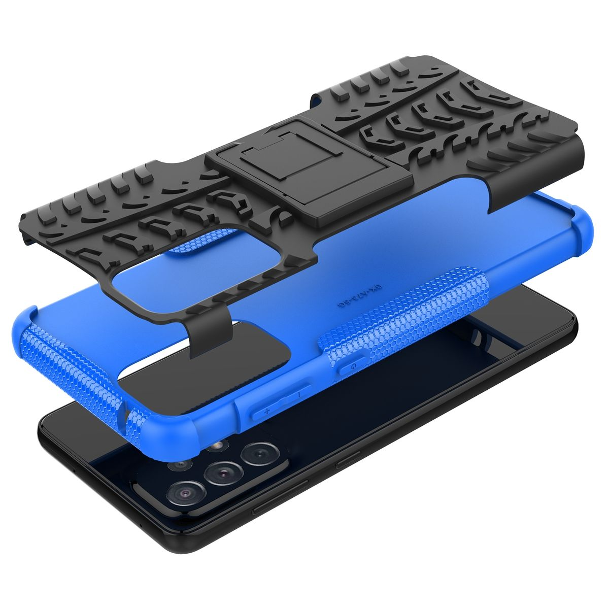 Schwarze und blaue Handyhülle, mit drei getrennten Schichten, die das Telefon zeigen.