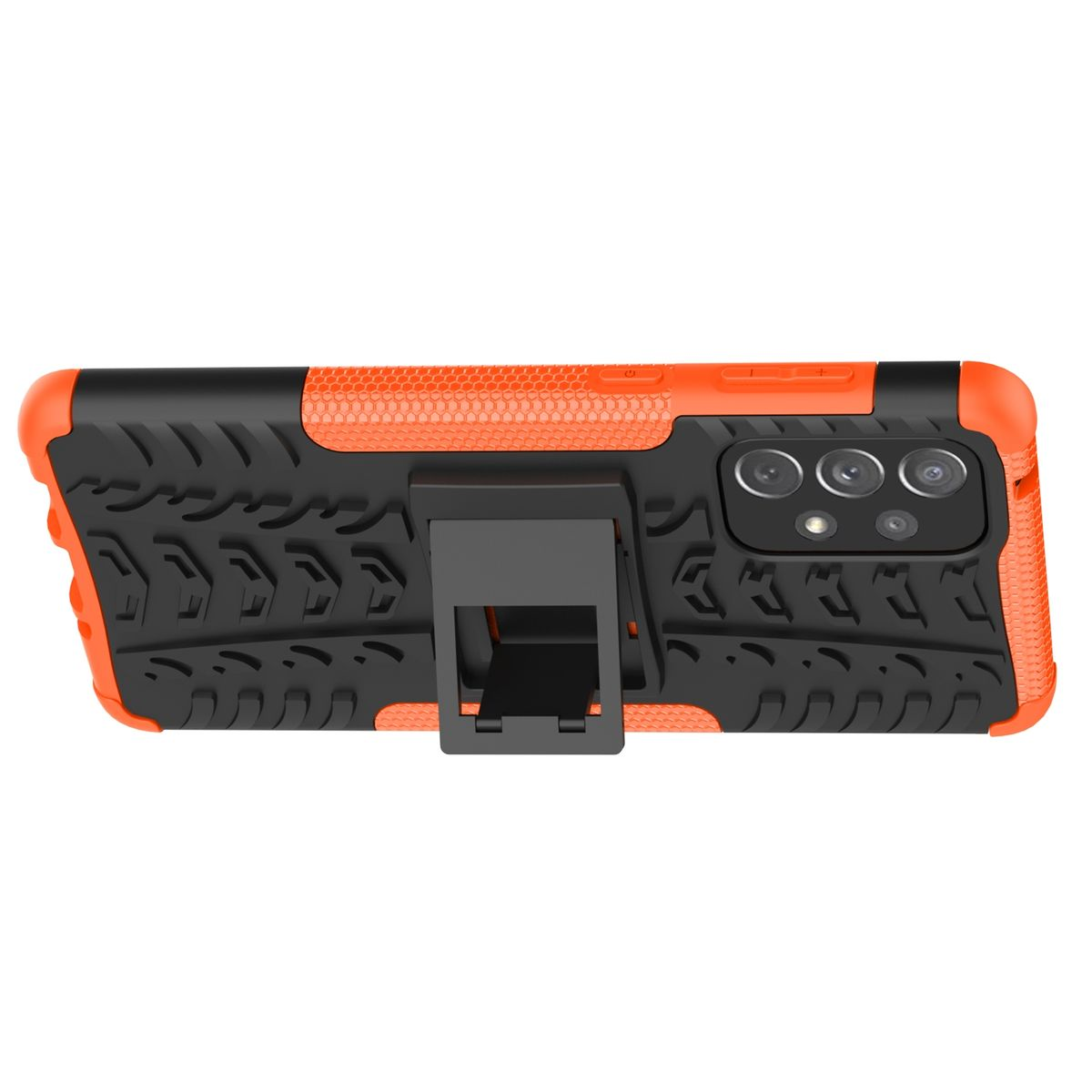 Orange und schwarze Handyhülle mit Ständer. Hat ein strukturiertes Design und Kameraausschnitte.