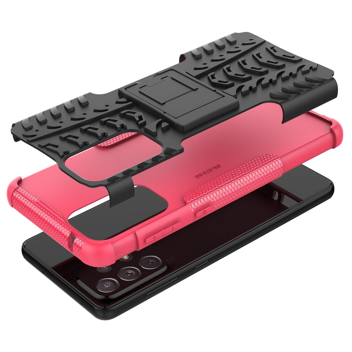 Schwarz-rote Handyhülle, Explosionsansicht. Zeigt die Schichten und den Ständer. Robustes Design.