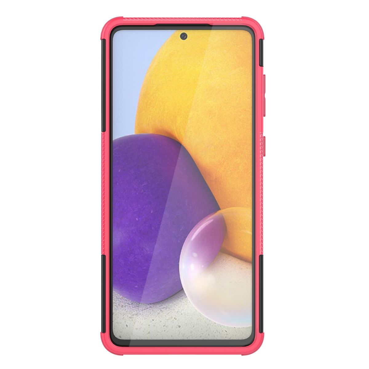 Rosa Handyhülle auf einem Telefon mit gelb-lila Hintergrundbild. Schwarze Ränder.