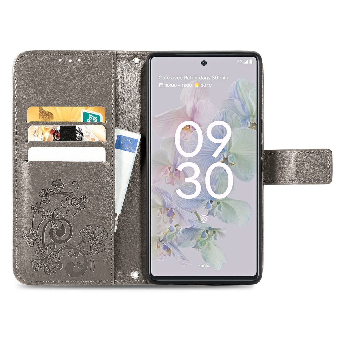 Graue Handyhülle, offen, mit Karten und Telefon, das ein Blumendesign und die Zeit zeigt.