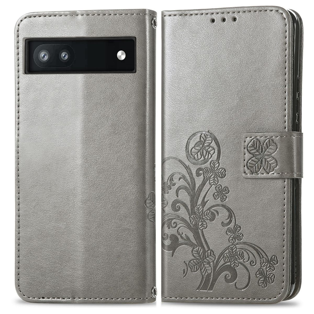 Graue Handyhülle, geschlossen, mit floralem Design auf der rechten Seite.
