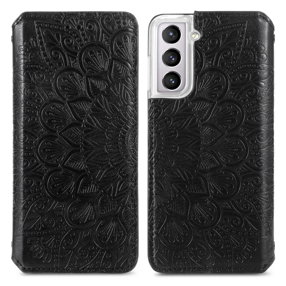 Eine schwarze Handyhülle mit Mandala-Design. Die Hülle ist offen und zeigt das Telefon.