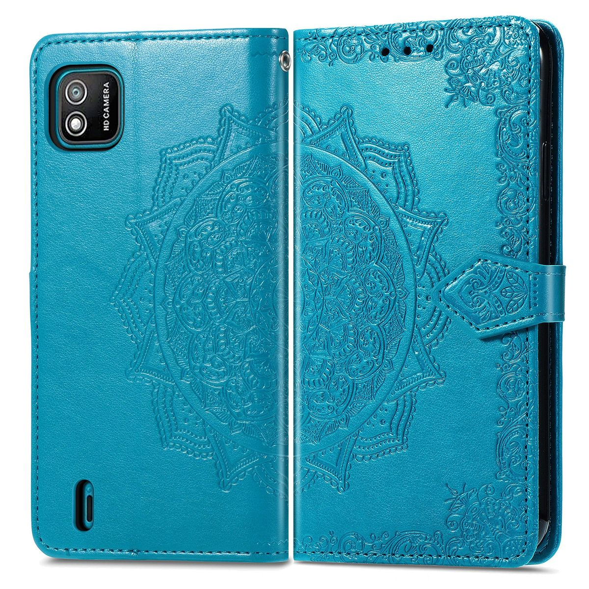 Offene blaue Handyhülle mit floralem Design. Zeigt die Rückseite des Telefons. Die Hülle ist offen.