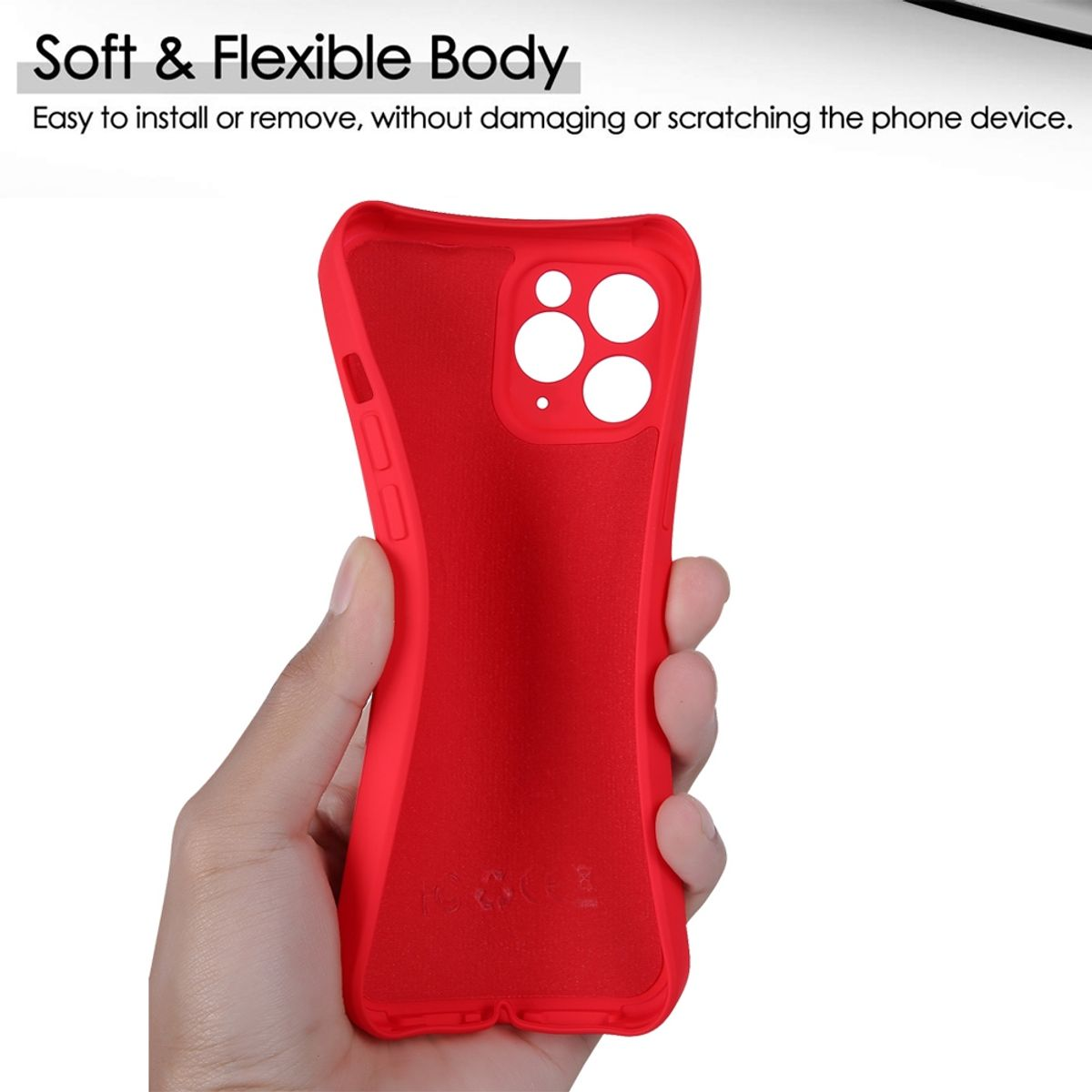 Eine rote Handyhülle in einer Hand, zeigt die Innenseite mit Aussparungen für das Telefon.