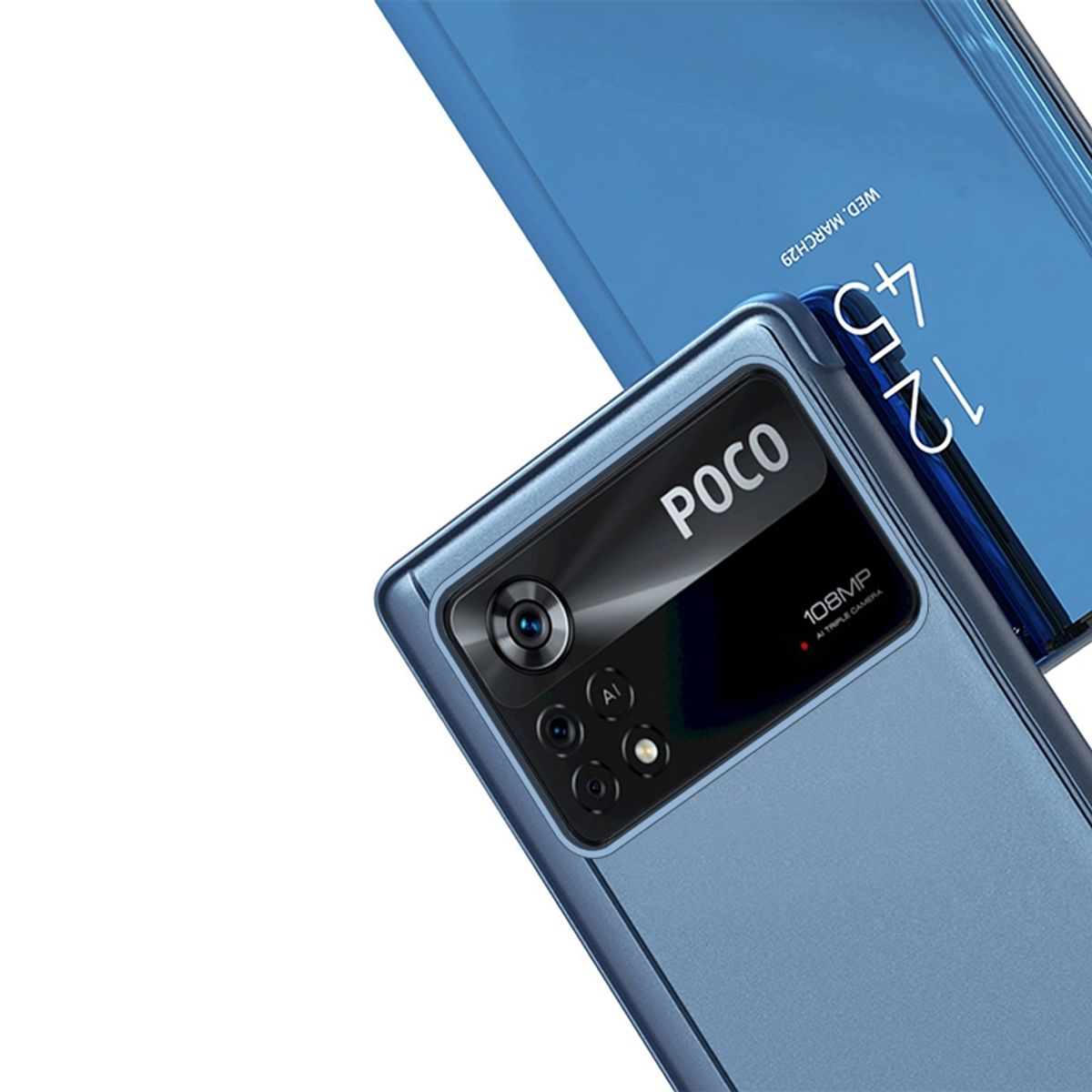 Blaues Telefon. Kamera sichtbar. Telefon ist abgewinkelt. Der Hintergrund zeigt eine blaue Handyhülle.