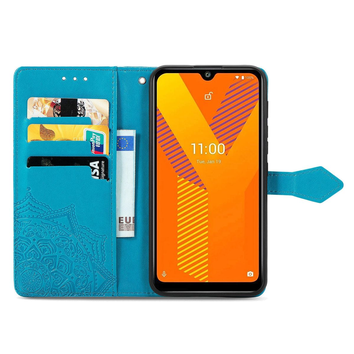 Blaue Handyhülle mit Karten und Bargeld. Das Telefon zeigt die Uhrzeit.
