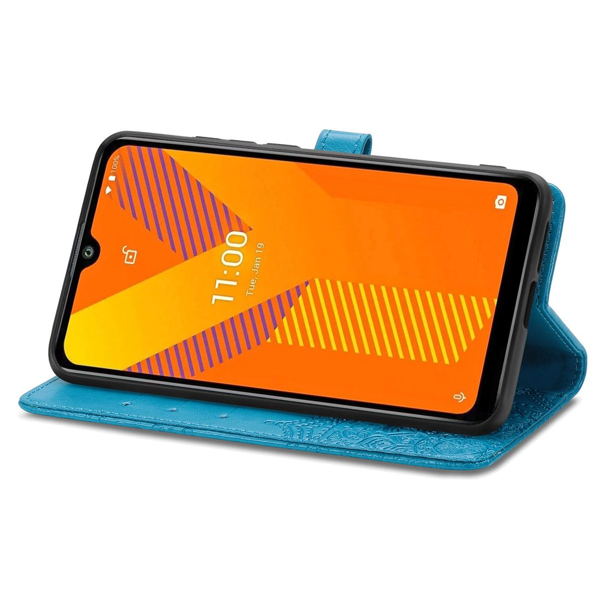 Blaue Handyhülle mit einem Telefon darin, das den Bildschirm zeigt. Die Uhrzeit ist 11:00.