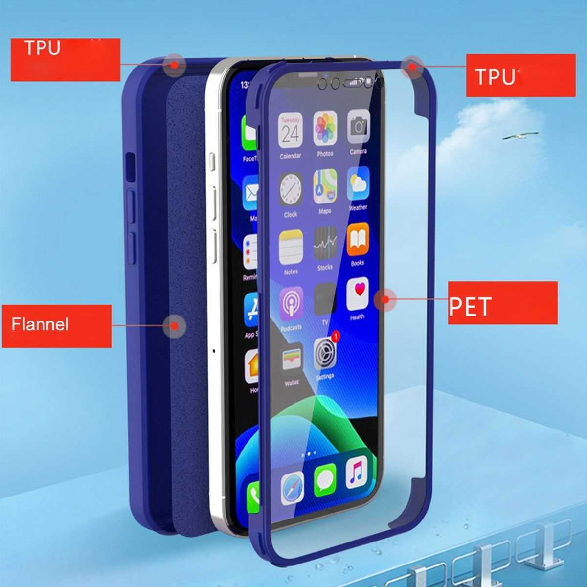 Telefon in Hülle mit 3 Schichten: TPU, Flanell, PET. Der Bildschirm zeigt Apps.