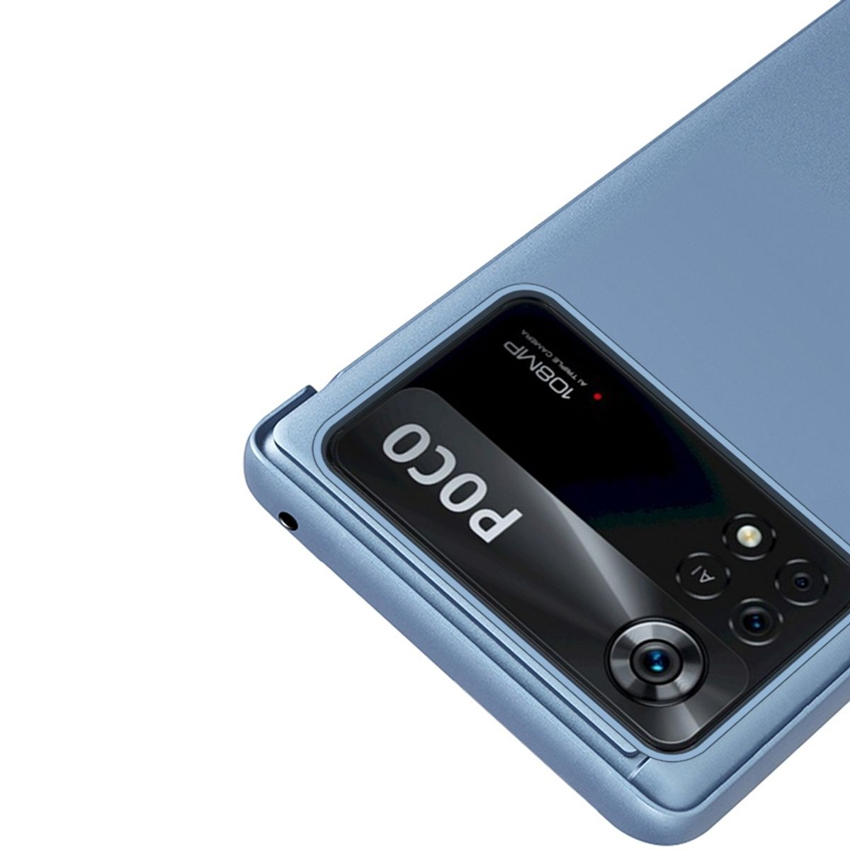 Blaue Handyhülle mit POCO-Logo. Die Kamera ist oben sichtbar.