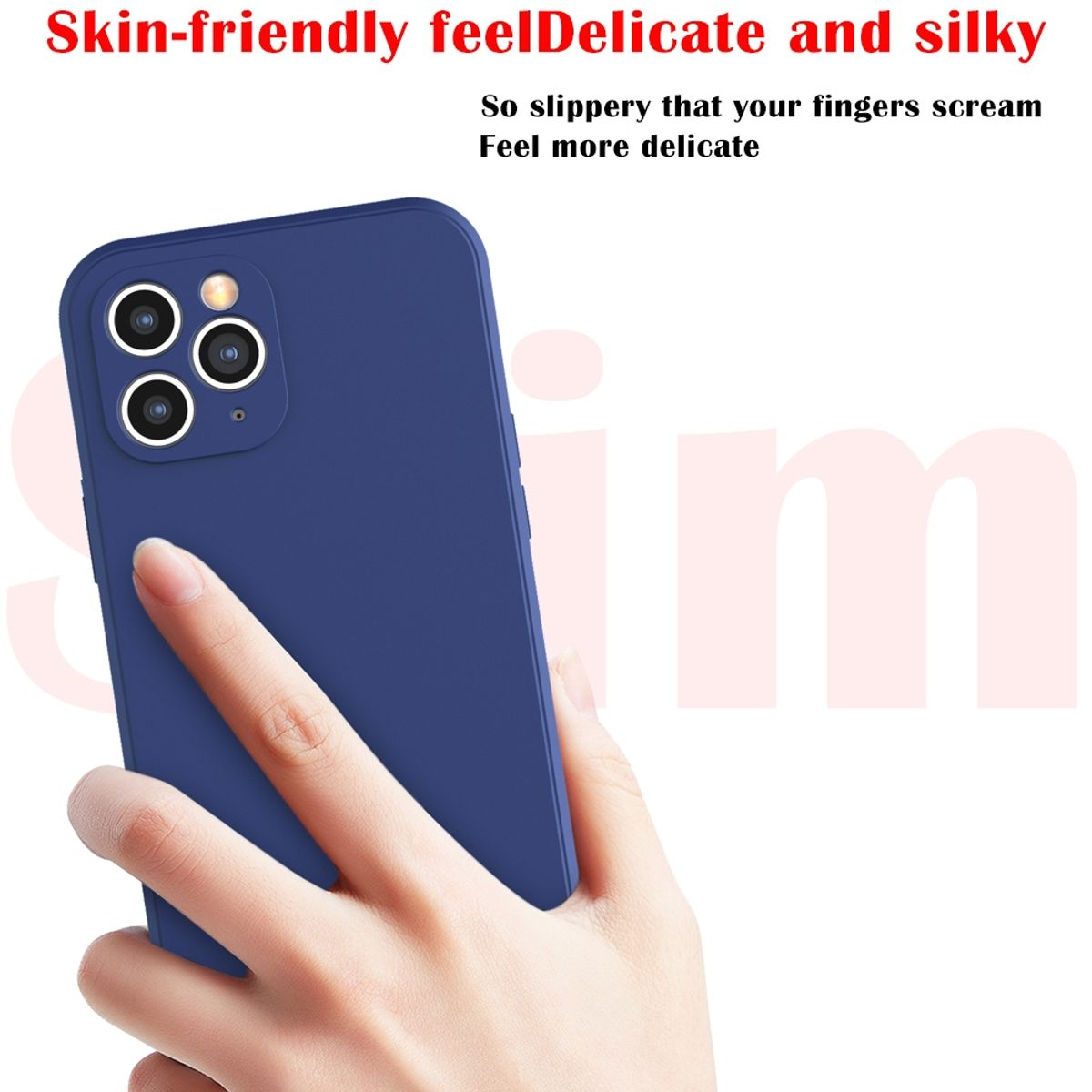 Eine Hand hält ein blaues Telefon. Das Telefon ist blau. Weißer und hellgrauer Hintergrund.