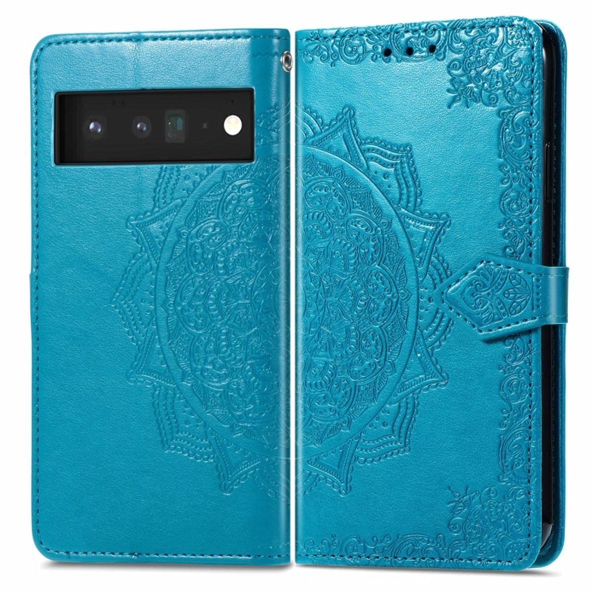 Geöffnete türkisfarbene Handyhülle mit Mandala-Design. Telefon ist innen. Zeigt Vorder- und Rückseite.