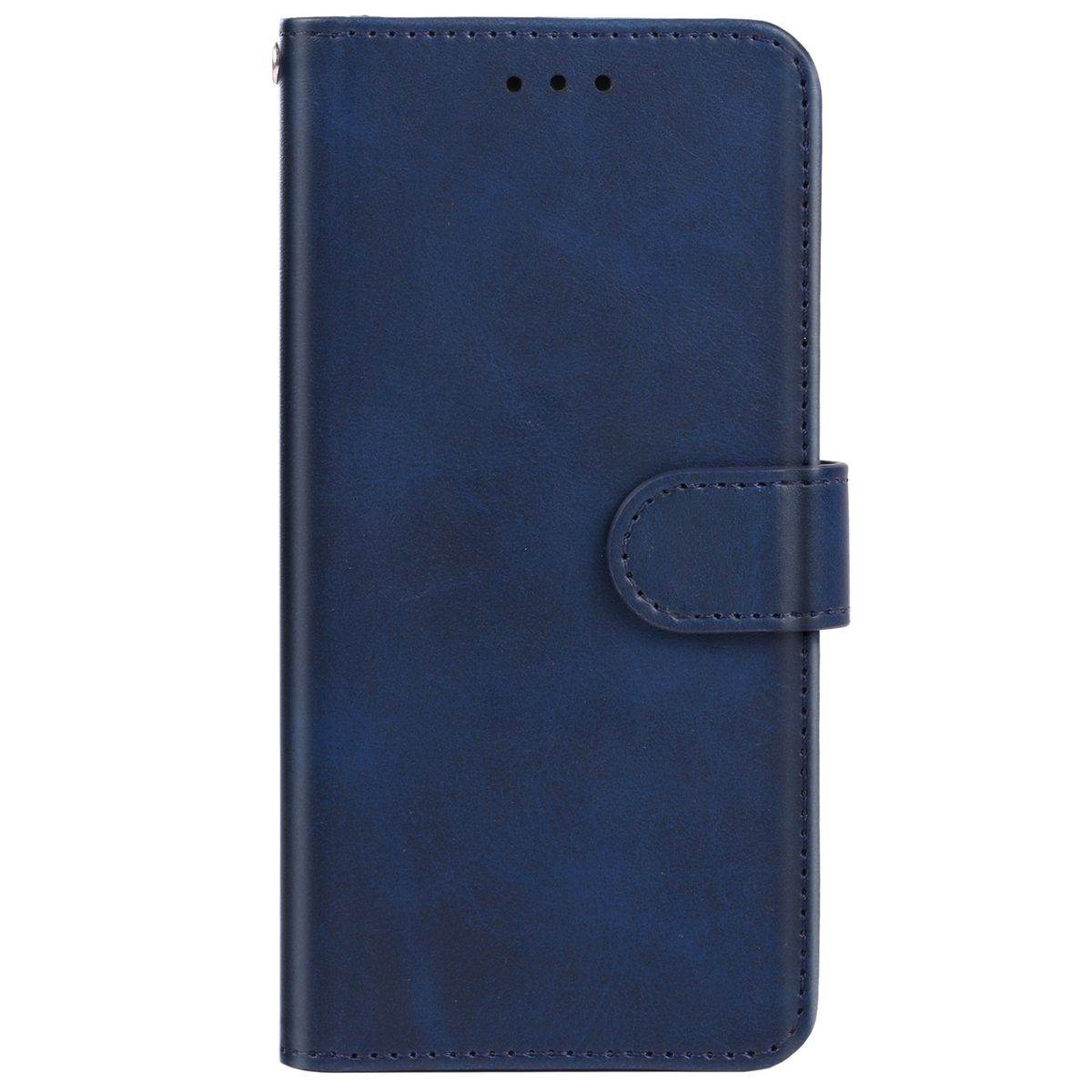 Blaue Leder-Handyhülle, geschlossen. Weißer Hintergrund.