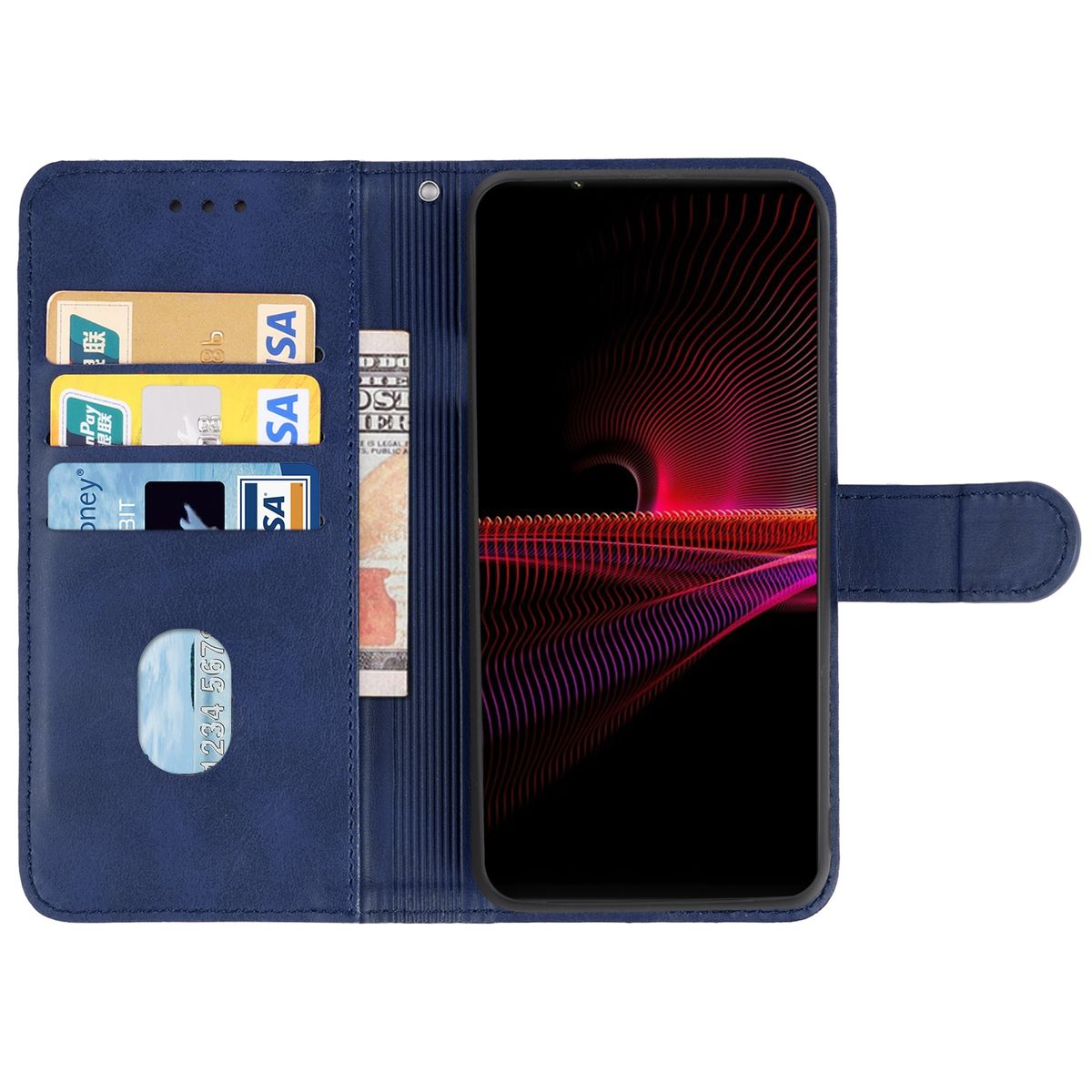 Eine marineblaue Handyhülle offen mit Karten und Bargeld. Ein Telefonbildschirm ist mit Informationen sichtbar.