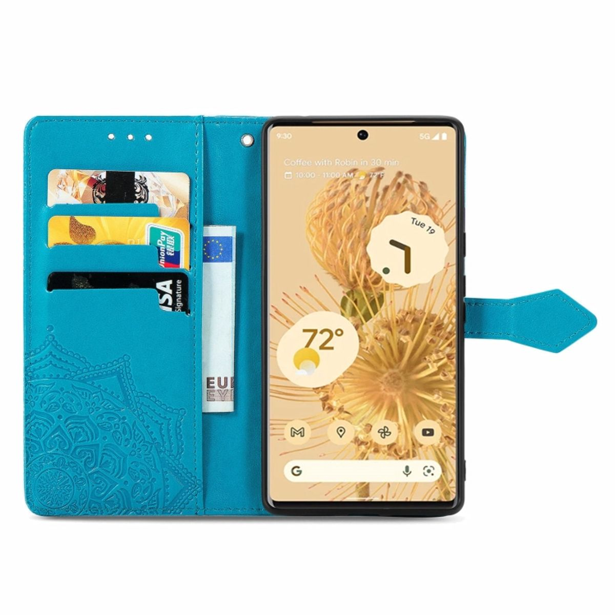 Blaue Handyhülle mit Kartenfächern und Telefon mit Wetter-App.