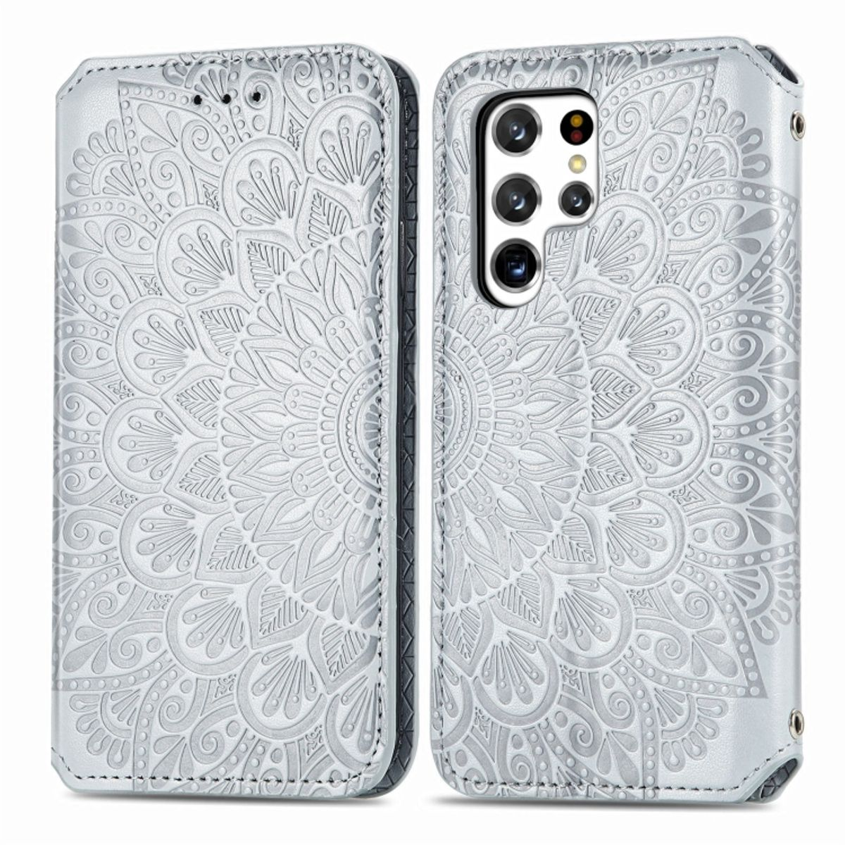 Geöffnete silberne Handyhülle mit geprägtem Blumendesign. Telefon innen.