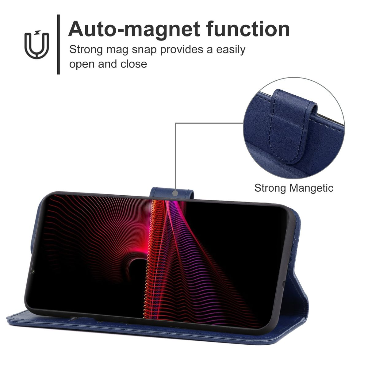 Dunkelblaue Handyhülle mit Telefon darin. Text zeigt Magnetfunktion an.