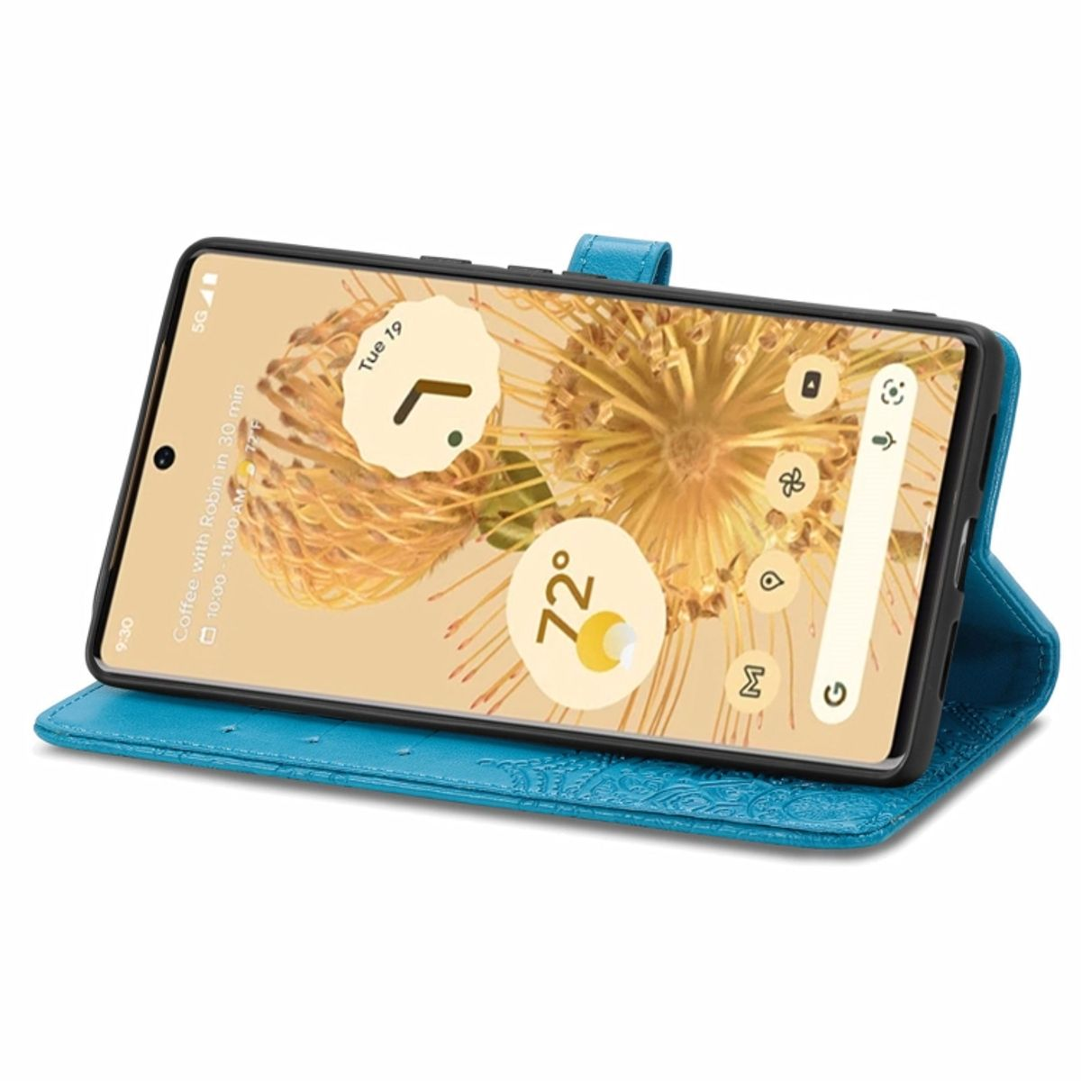 Eine blaue Handyhülle mit einem Telefon darin, der Bildschirm zeigt Uhrzeit und Wetterdetails.