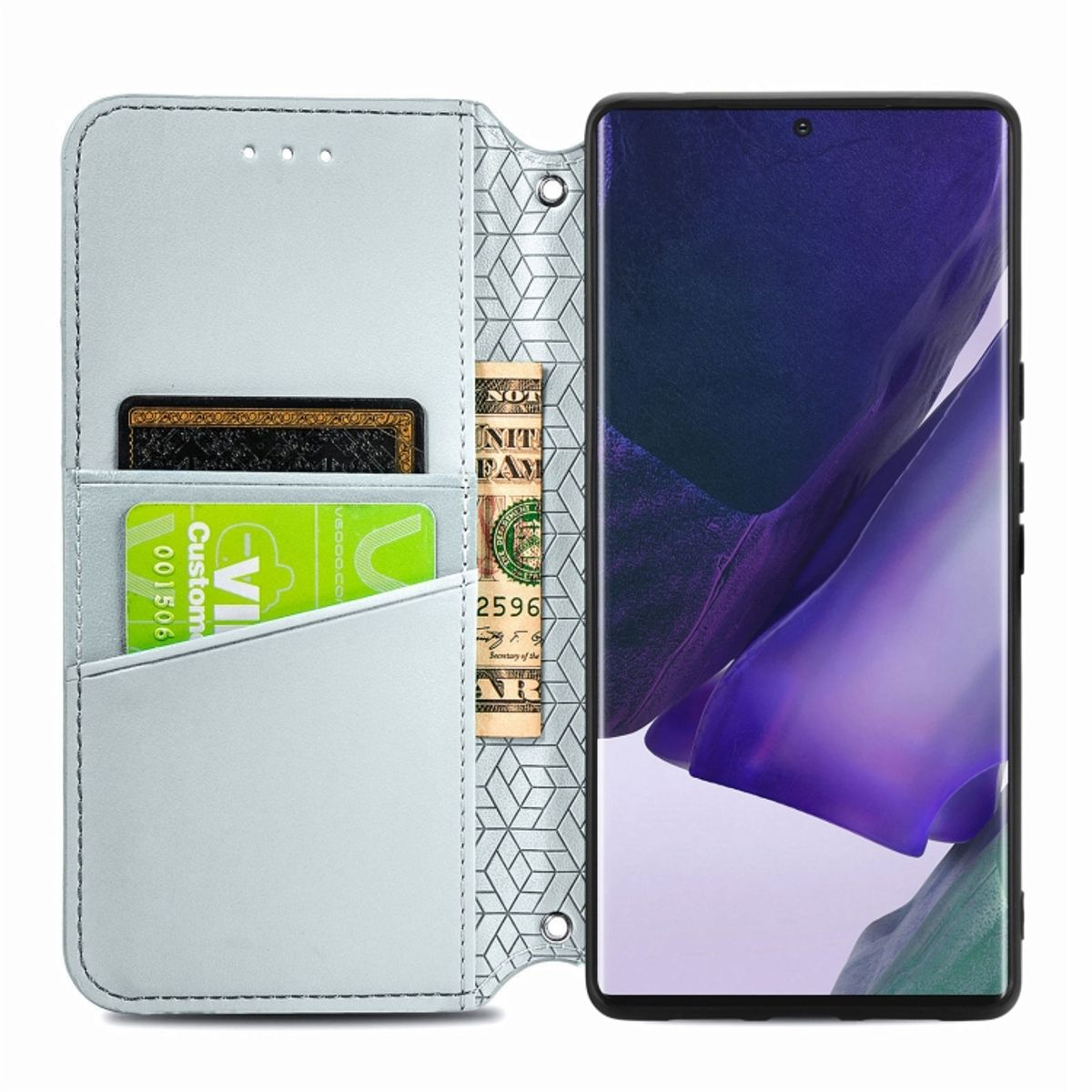 Hellblaue Handyhülle offen, zeigt Karten und Geld. Telefonbildschirm ist sichtbar.