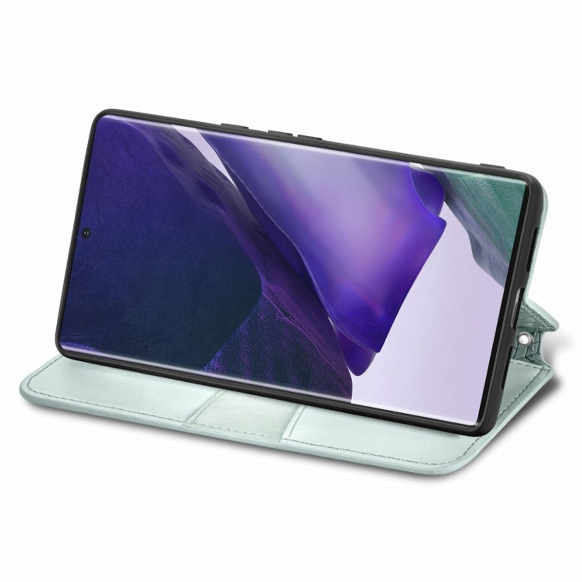 Telefon in gefalteter hellblauer Hülle. Schwarzer Telefonbildschirm. Weißer Hintergrund.