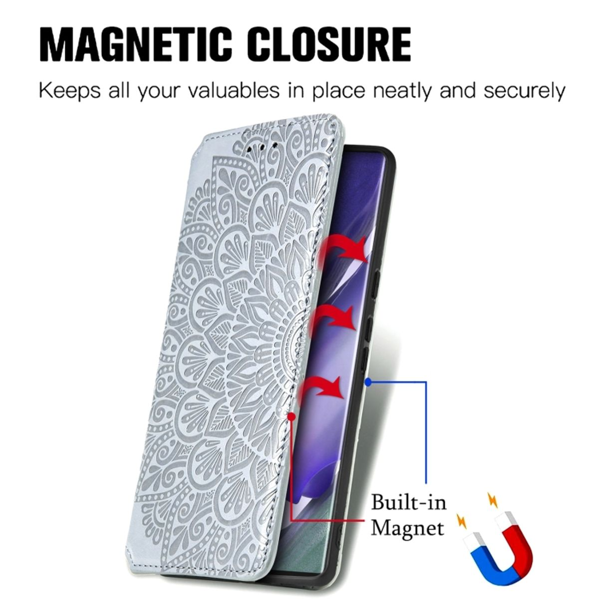 Handyhülle mit Magnetverschluss. Telefon innen. Hülle hat Mandala-Design und einen eingebauten Magneten.